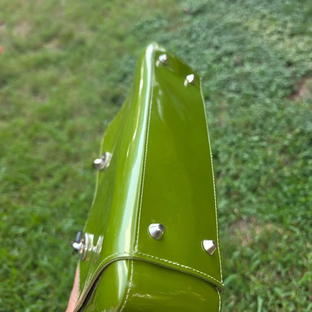 Beijo Lime Green Patent Leather Satchel Bag Black Handles Silver Hardware